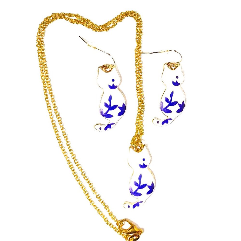 Blue Leaf Painted Enamel Kitty Cat Back Earring and Necklace Set